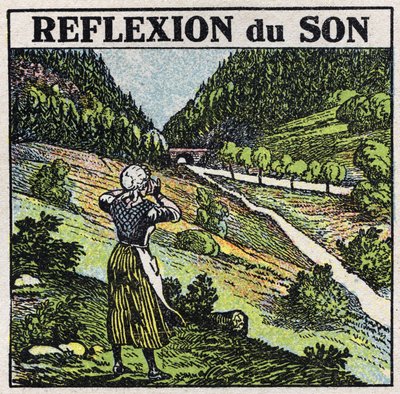 Energía sonora: reflexión del sonido por fenómeno de eco. Ilustración anónima de 1925. Colección privada. de Anonymous Anonymous