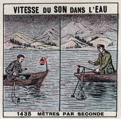 Energía sonora: velocidad del sonido en el agua. Experiencia de 1826-1827 por Jean Daniel (Jean-Daniel) Colladon (1802-1893) y Charles Francois Sturm (1803-1855) en el Lago de Ginebra (Lago Lemán). Dos barcos amarrados a 14 km de distancia, uno de los barc de Anonymous Anonymous