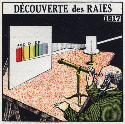 Análisis espectral: descubrimiento de los rayos por Joseph von Fraunhofer (1787-1826) en 1817. Ilustración anónima de 1925. Colección privada. de Anonymous Anonymous
