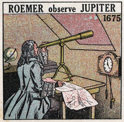 Velocidad de la luz: el astrónomo danés Ole Christensen Romer (Olaus Roemer) (1644-1710) observa los eclipses de los satélites de Júpiter en 1675-1676 y los usa para medir la velocidad de la luz. Ilustración anónima de 1925. Colección privada. de Anonymous Anonymous