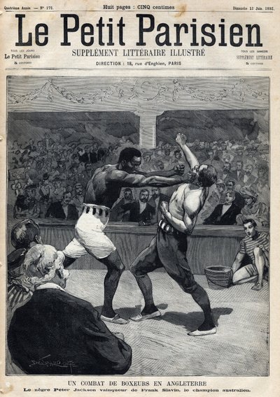 Deporte, Boxeo: Una pelea de boxeo en Inglaterra entre Peter Jackson y el campeón australiano Frank Slavin. Grabado. En "Le petit parisien" el 12/06/1892. Colección privada de Anonymous Anonymous