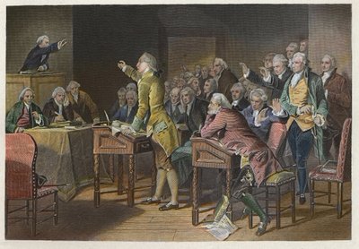 Ley del Timbre (Ley de Derechos en las Colonias Americanas) - Líder revolucionario estadounidense Patrick Henry (1736-1799) hablando en contra de la Ley del Timbre en la Cámara de los Burgueses de Virginia en 1765 - Discurso de Patrick Henry contra la Ley  de Anonymous Anonymous