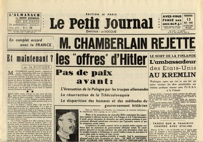 THE SMITTLE JOURNAL VIERNES 13 DE OCTUBRE DE 1939 Neville CHAMBERLAIN (1869-1940) RECHAZA las ofertas de Adolf Hitler de Anonymous Anonymous