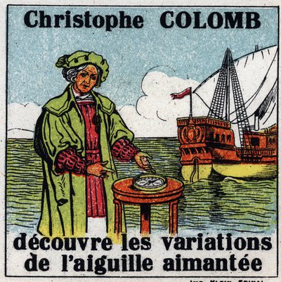 Magnetismo terrestre: Cristóbal Colón (1451-1506) descubre las variaciones de la aguja magnética de una brújula durante su viaje a América en 1492. Ilustración anónima de 1925. Colección privada. de Anonymous Anonymous