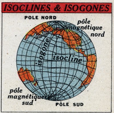 Magnetismo terrestre: Mapa magnético que muestra isoclinas e isogonas. Ilustración anónima de 1925. Colección privada. de Anonymous Anonymous