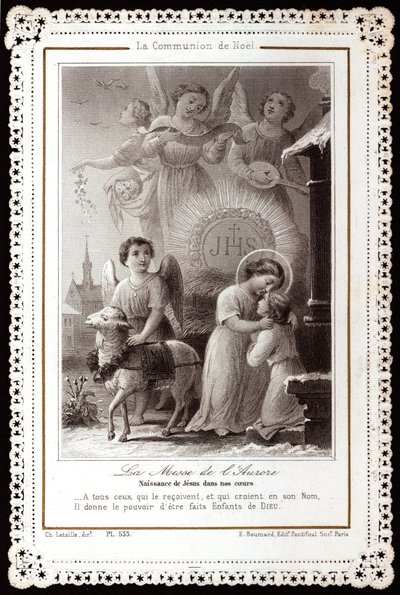 La comunión de Navidad. La misa del alba. Nacimiento de Jesús en nuestros corazones. Imagen piadosa. Postal dentada de Anonymous Anonymous