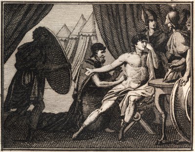 La muerte de Epaminondas (después de la batalla contra los espartanos en Mantinea 362 a.C.). Grabado de "The Rollin of Youth or Selected Pieces of Ancient and Roman Stories" 1816. Colección privada de Anonymous Anonymous