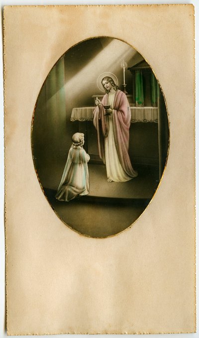 La Eucaristía, Santa Comunión, el Sacramento del Altar: un niño frente a Jesús (grabado) de Anonymous Anonymous