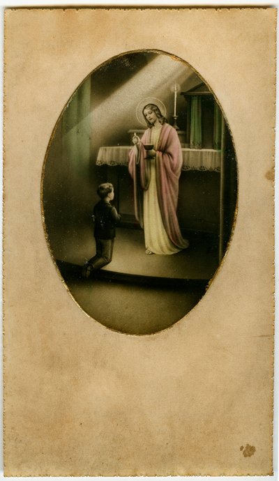 La Eucaristía, Santa Comunión, el Sacramento del Altar: un niño frente a Jesús (grabado) de Anonymous Anonymous