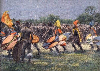 La expedición del ex presidente de EE.UU. Theodore Roosevelt (1858 - 1919) a África: Danza guerrera en Uganda. Grabado. Uno de los periódicos "Le petit parisien" del 24/04/1910. Colección privada. de Anonymous Anonymous