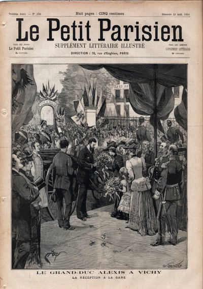 El Gran Duque Alexis Alexandrovich (Aleksei Aleksandrovich Romanov) (1850-1908) en Vichy - La recepción en la estación de tren - Grabado en 