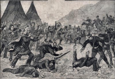 La revuelta india en los Estados Unidos: una pelea entre indios sioux y tropas americanas. Grabado en “Le petit Parisien” de 1891. Colección privada. de Anonymous Anonymous