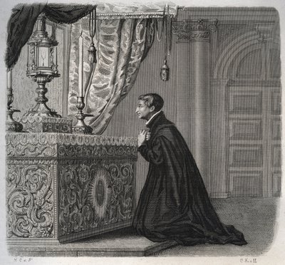 El jesuita italiano Luis de Gonzaga (San Luis Gonzaga) (1568-1591) en oración. Grabado de 1846 en “Vidas de los santos”. Colección privada de Anonymous Anonymous
