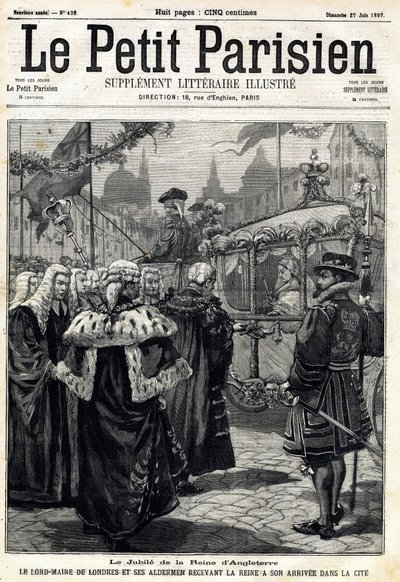 El Jubileo de la Reina de Inglaterra Victoria: el alcalde de Londres Horatio Davies (1819-1901) y sus concejales recibiendo a la Reina en la ciudad. En "Le Petit Parisien" el 27/06/1897. Colección privada de Anonymous Anonymous