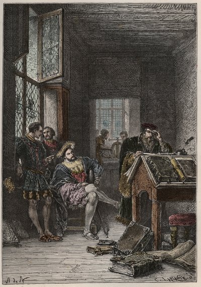 El Rey de Francia Francisco I (1494-1547), protector de las artes y las letras, visitando los talleres de los impresores Estienne (Robert Estienne), circa 1540 de Anonymous Anonymous