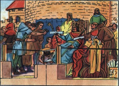 El Rey de Francia Luis VI el Grande (1081-1137) otorgando la Carta a la ciudad de París. Ilustración anónima en “Collection des souverains et chefs d