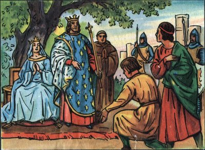 El Rey de Francia San Luis (Luis IX 1214-1270) haciendo justicia bajo el roble del Bosque de Vincennes. Ilustración anónima en “Collection des souverains et chefs d