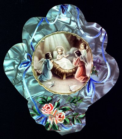 La Natividad. El niño Jesús rodeado de ángeles. Imagen piadosa. Postal dentada. Colección privada de Anonymous Anonymous