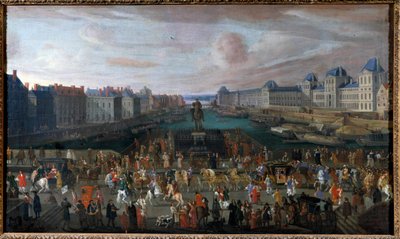 El Pont Neuf visto desde la entrada a la Place Dauphine, el Quai Malaquais con el Colegio de Cuatro Naciones (Instituto de Francia) en construcción, la Gran Galería y el Louvre al paso de un cortejo. Pintura anónima (1665) de Anonymous Anonymous