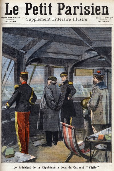 El presidente de la República Armand Fallieres (1841-1931) a bordo del acorazado "Verite". En "Le petit parisien" el 26/07/1908. Colección privada. de Anonymous Anonymous