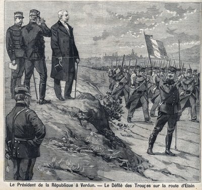 El Presidente de la República Félix Faure (1841-1899) visita Verdún (Mosa): el desfile de la escuela militar de la carretera de Etin. Grabado en “Le Petro Parisien” de Anonymous Anonymous