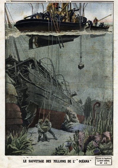 El rescate de los millones del Oceana: buzos se sumergen frente a Eastbourne para recoger los 18 millones de metal que el transatlántico británico debía transportar a la India. Grabado en “Le Petite Journal”, el 19/05/1912. Colección privada. de Anonymous Anonymous