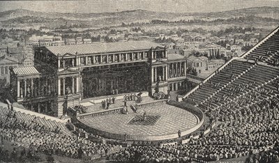 El Teatro de Dionisio, La Acrópolis, Atenas, Grecia - Recreación de 1890 del Teatro de Dionisio - en Atenas, Grecia Antigua. - grabado 1890 de Anonymous Anonymous