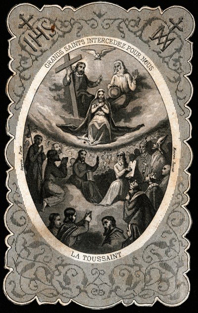 La Virgen María con la Santísima Trinidad (Dios, Jesucristo y la paloma del Espíritu Santo). Tarjeta dentada. Siglo XIX. Colección privada de Anonymous Anonymous