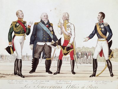 Los soberanos aliados: Alejandro I de Rusia, Luis XVIII de Francia, Francisco II de Austria y Federico Guillermo III de Prusia durante la firma de la Alianza en París septiembre de 1815 de Anonymous Anonymous