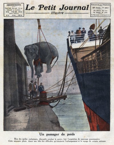 La llegada en barco de un elefante adquirido por un jardín zoológico de personas después de la guerra. Ilustración tomada de “Le petit journal” del 20/11/1921. Colección privada de Anonymous Anonymous