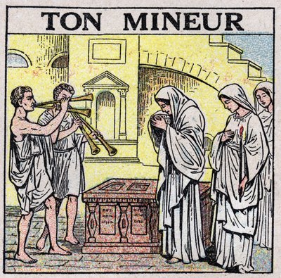El arte de los sonidos: tu minero. Tocadores de flauta doble en una calle en tiempos antiguos (¿durante un funeral?). Ilustración anónima de 1925. Colección privada. de Anonymous Anonymous