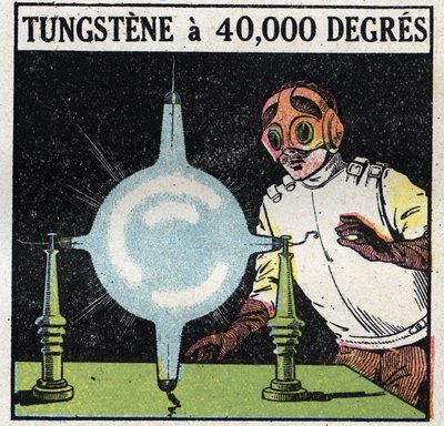 El átomo y la ciencia: intento de disolver tungsteno volatilizando un fino alambre de este metal a 40,000 grados. Ilustración anónima de 1925. Colección privada. de Anonymous Anonymous