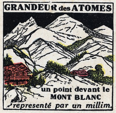 El átomo y la ciencia: el tamaño de los átomos. Un punto frente al Mont Blanc representado por un milímetro. Ilustración anónima de 1925. Colección privada. de Anonymous Anonymous