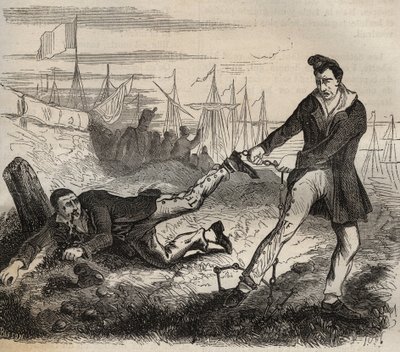 El mayor tormento del forzado es ser un desparejado. Pelea entre dos prisioneros conectados por la misma cadena. Bagne de Rochefort en el siglo XIX. Grabado en “Histoire des bagnes depuis leur création à nos jours” (1877) de Pierre Zaccone (1817-1895). de Anonymous Anonymous