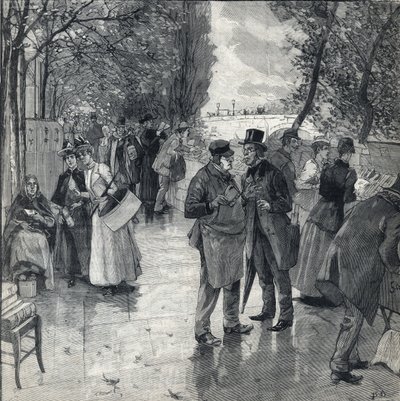 El paseo del libro-libro en las orillas de los muelles en París. Grabado en 