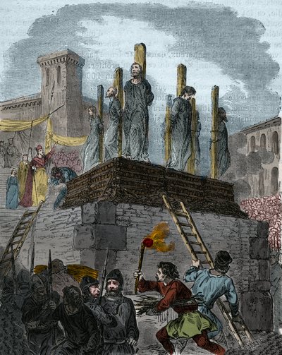 El caso de los Herejes de Orleans: canónigos fueron condenados a la hoguera por herejía en Orleans en 1022. (primera hoguera en la historia de la lucha contra la herejía en Occidente bajo el reinado de Roberto II el Piadoso (996-1031). Grabado del siglo XI de Anonymous Anonymous
