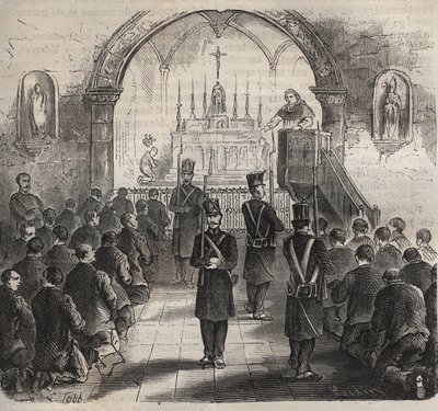 La capilla del bagne de Toulon en el siglo XIX. Grabado en “Histoire des bagnes depuis leur creación à nos jours” (1877) por Pierre Zaccone (1817-1895). Colección privada. de Anonymous Anonymous