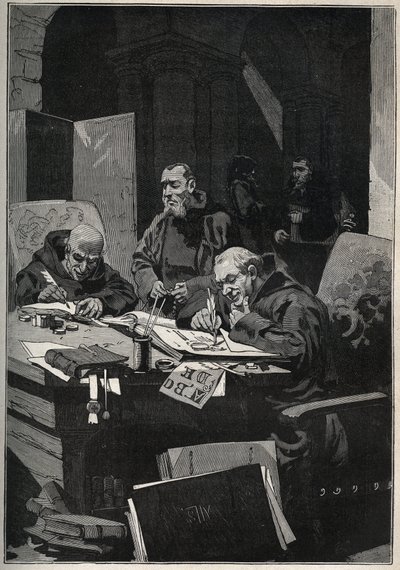 El crisógrafo: monjes copistas realizando iluminaciones en letras doradas en la Edad Media. Grabado de 1885 en “Les arts et métiers illustrés” por Adolphe BITARD. de Anonymous Anonymous