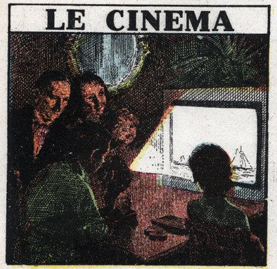 El cinematógrafo: una familia viendo una película en una pantalla. Ilustración anónima de 1925. Colección privada. de Anonymous Anonymous