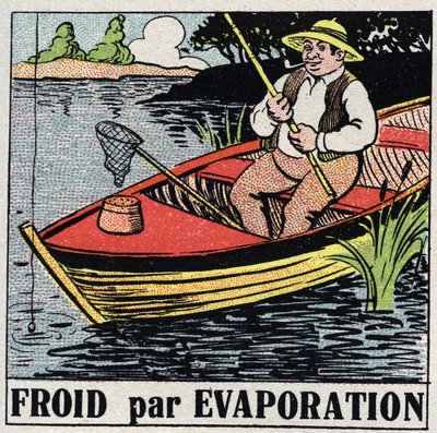 La industria del frío: frío por evaporación. Un pescador en su bote se mantiene fresco gracias a la evaporación del agua del río. Ilustración anónima de 1925. Colección privada. de Anonymous Anonymous