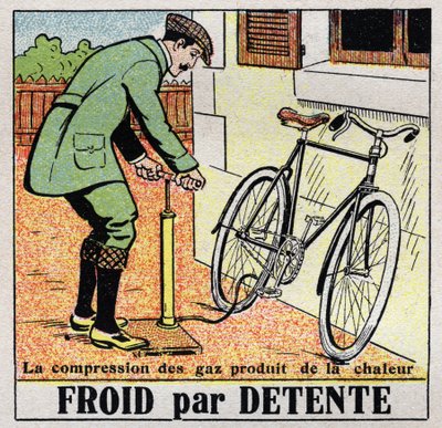 La industria del frío: frío para la relajación. La relajación de los gases produce frío mientras que su compresión produce calor como al inflar una llanta de bicicleta. Ilustración anónima de 1925. Colección privada. de Anonymous Anonymous