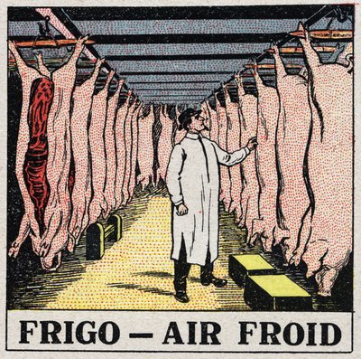 La industria del frío: almacenamiento de carne en refrigeradores. Ilustración anónima de 1925. Colección privada. de Anonymous Anonymous