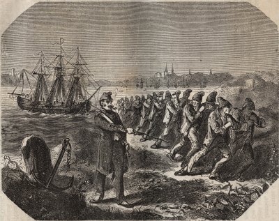 La cordelle (trabajo de gran fatiga) en el bagne de Rochefort en el siglo XIX. Grabado en "Histoire des bagnes depuis leur création à nos jours" (1877) por Pierre Zaccone (1817-1895) de Anonymous Anonymous