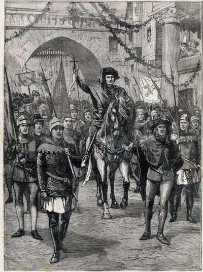 El cortejo de corporaciones en el siglo XIV: El preboste de los mercaderes de París. Grabado. En “Le petit parisien”, el 18/06/1899. Colección privada. de Anonymous Anonymous