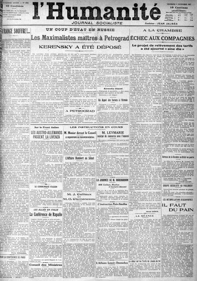 El golpe en Rusia en los titulares del periódico socialista “Humanidad”. Titulares: “Los Máximos Maestros en Petrogrado”, “Kerensky fue depuesto” (Kerenski), 9/11/1917 de Anonymous Anonymous