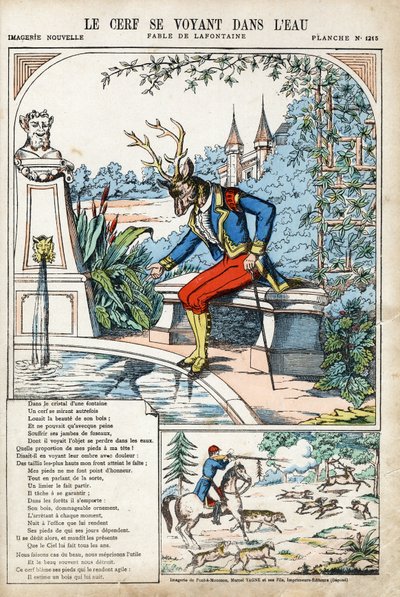 El ciervo viéndose en el agua. Ilustración anónima para Las Fábulas de Jean de La Fontaine (Lafontaine) (1621-1695). Imágenes de Pont-a-Mousson, circa 1880. Colección privada. de Anonymous Anonymous