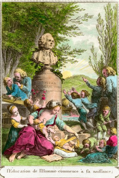 La educación del hombre comienza en su nacimiento: madres con sus hijos, junto a un busto en homenaje al filósofo suizo Jean Jacques Rousseau (1712-1778). Grabado del siglo XVIII Colección privada de Anonymous Anonymous