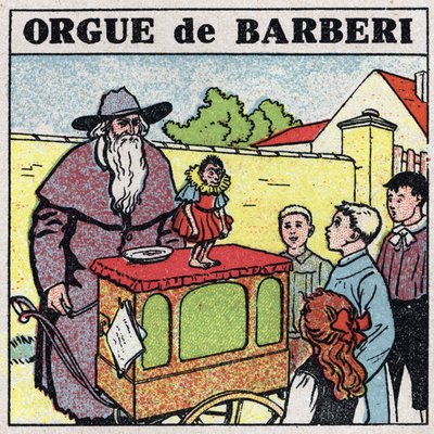 Los efectos de la música: un organillero y un mono entretienen a los niños en una calle. Ilustración anónima de 1925. Colección privada. de Anonymous Anonymous