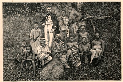 El explorador Pierre Savorgnan de Brazza (1852-1905) y un grupo de indígenas del Vicariato Apostólico de las Dos Guineas en Gabón. Grabado en “Les Missions Catholiques au XIXeme Siecle” de Louis-Eugene Louvet. Colección privada. de Anonymous Anonymous