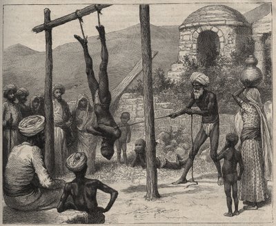 El faquir en India - Los faquires en India - colgado por los pies en una barra de madera - grabado de 1892 en 
